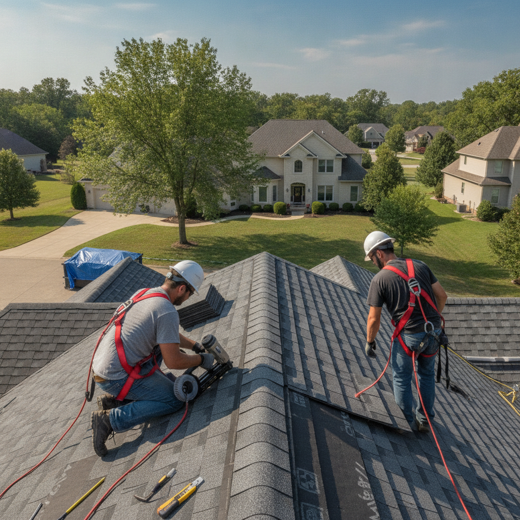 Create a realistic, professional service-business photograph showing Residential Roofing from behind, with the backs of their heads visible. Do not show any faces, facial features, front-facing views or side views, profiles, or identifiable