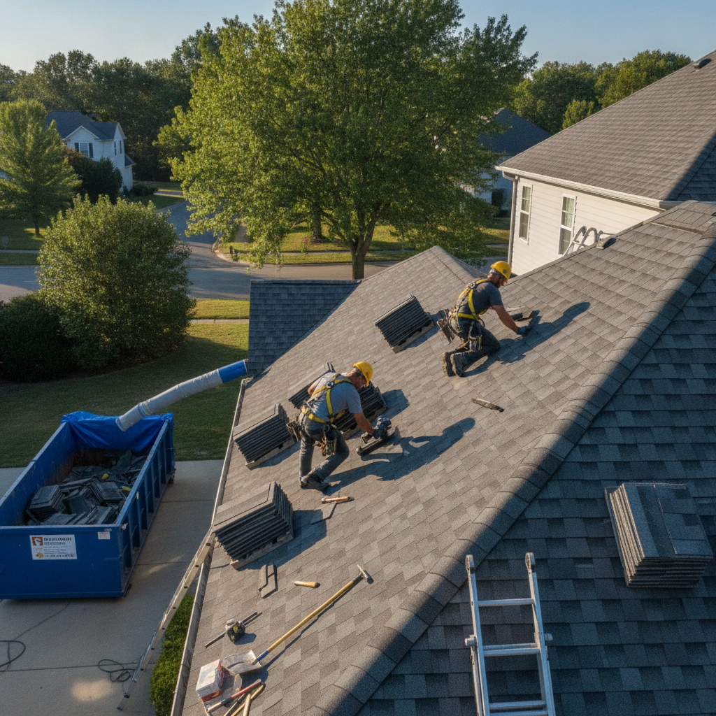 Create a realistic, professional service-business photograph showing Shingle Roof Replacement from behind, with the backs of their heads visible. Do not show any faces, facial features, front-facing views or side views, profiles, or identif