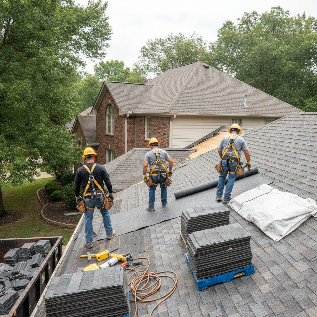 Create a realistic, professional service-business photograph showing Roof Replacement from behind, with the backs of their heads visible. Do not show any faces, facial features, front-facing views or side views, profiles, or identifiable pe