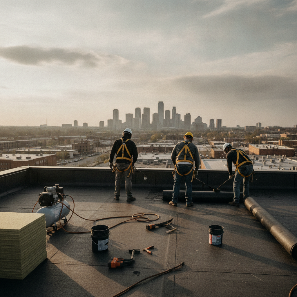 Create a realistic, professional service-business photograph showing Commercial Roofing from behind, with the backs of their heads visible. Do not show any faces, facial features, front-facing views or side views, profiles, or identifiable