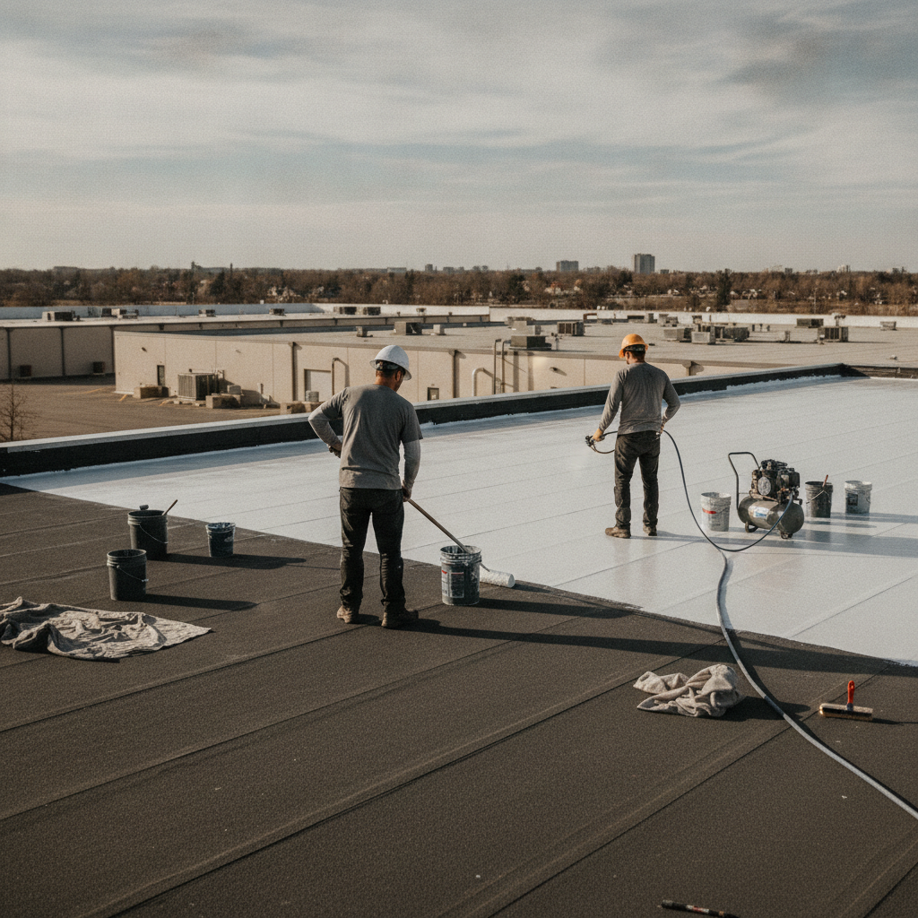 Create a realistic, professional service-business photograph showing Roof Coating from behind, with the backs of their heads visible. Do not show any faces, facial features, front-facing views or side views, profiles, or identifiable people