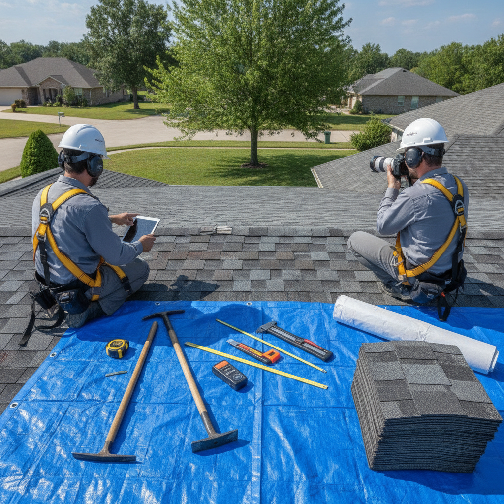Create a realistic, professional service-business photograph showing Roofing Inspection from behind, with the backs of their heads visible. Do not show any faces, facial features, front-facing views or side views, profiles, or identifiable