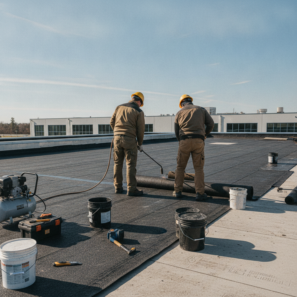 Create a realistic, professional service-business photograph showing Flat Roof Installation from behind, with the backs of their heads visible. Do not show any faces, facial features, front-facing views or side views, profiles, or identifia